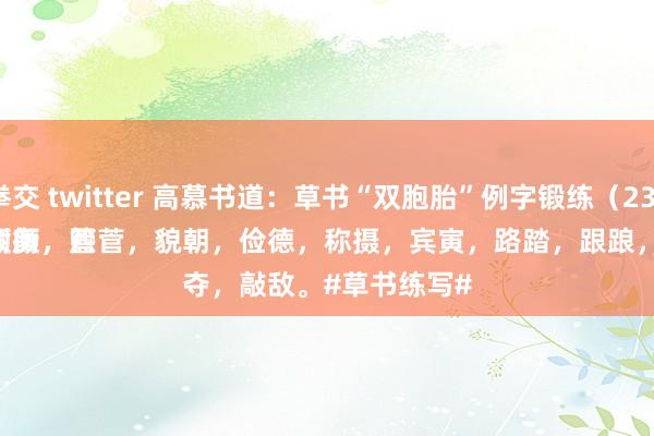 拳交 twitter 高慕书道：草书“双胞胎”例字锻练（23）
顽颜，熙照，润阔，坏怀，栎栋，谢衡，管菅，貌朝，俭德，称摄，宾寅，路踏，跟踉，奋夺，敲敌。#草书练写#